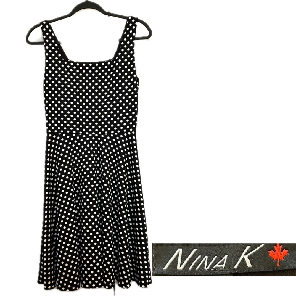 Nina K Canada Sleeveless Square Neck Flounce Knee Length Polkadot Stretch Dress